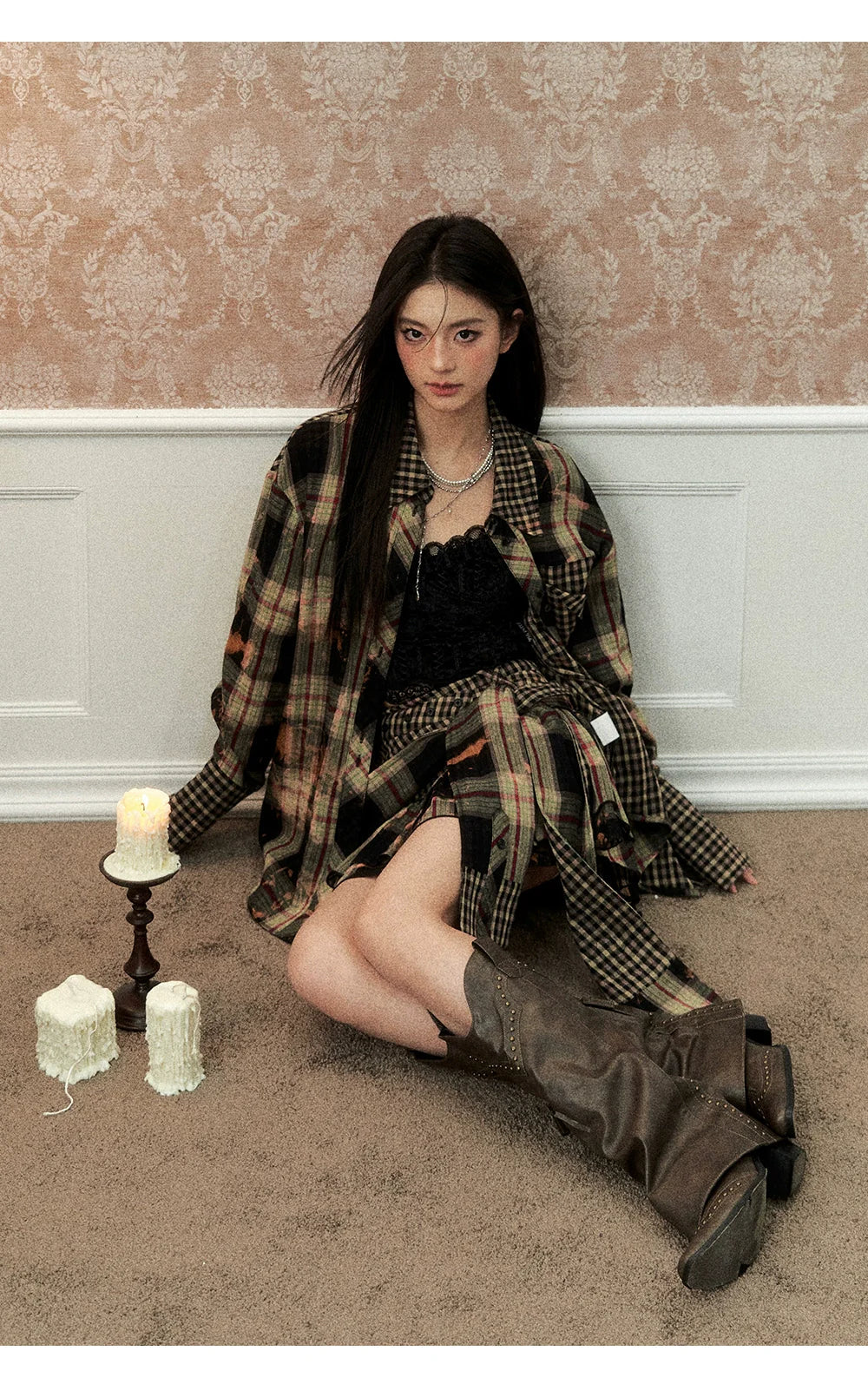 Washed Distressed Plaid Shirt &amp; Skirt Set
