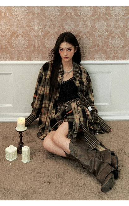 Washed Distressed Plaid Shirt &amp; Skirt Set