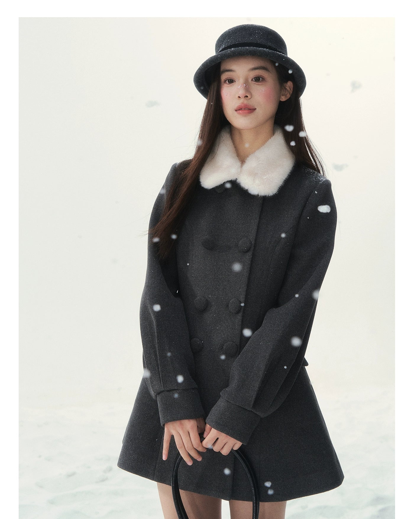 Double-Breasted Fur-Collar Coat Set