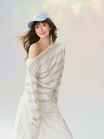 Sheer Off-Shoulder Striped Long Sleeve T-shirt
