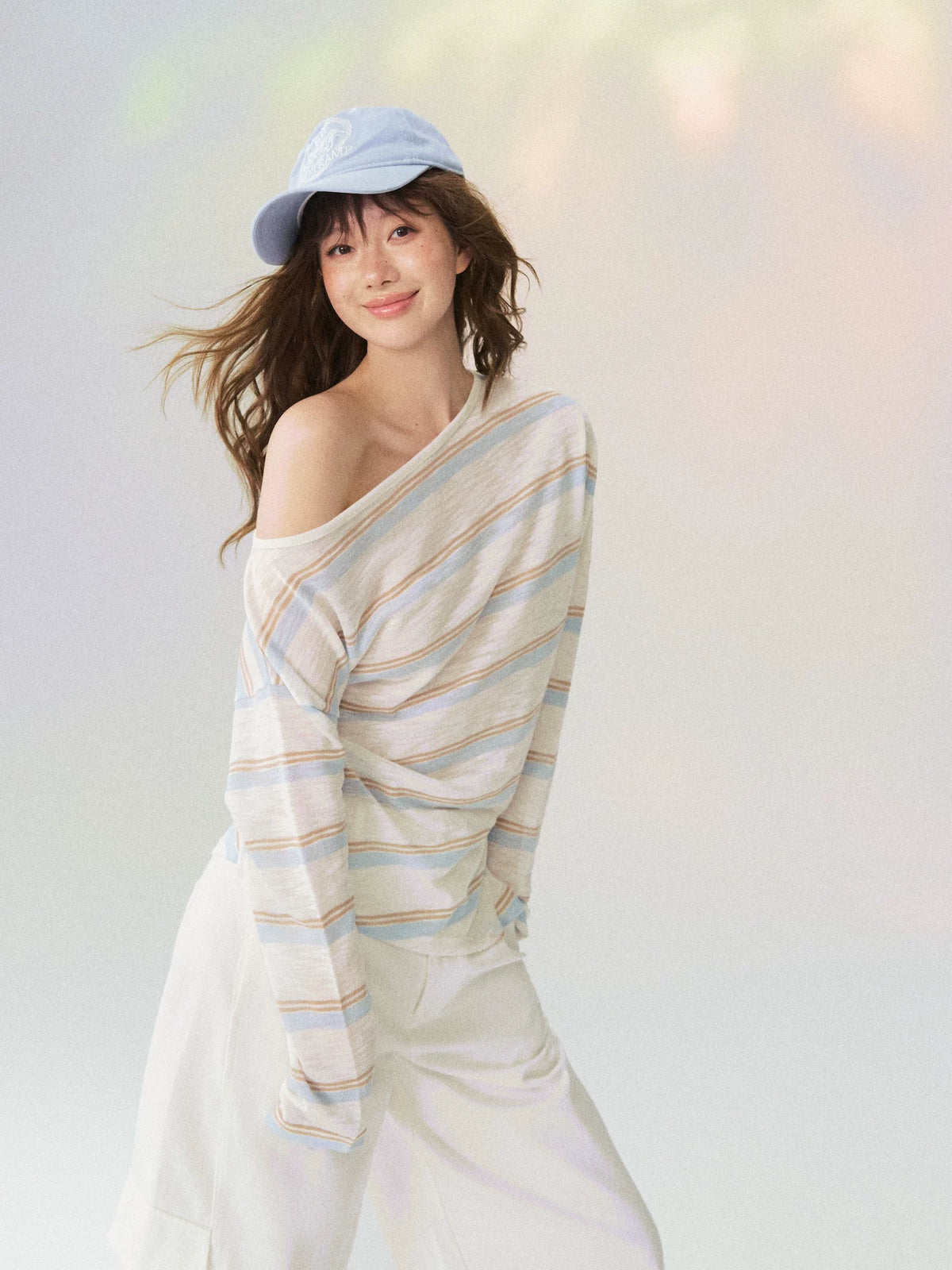 Sheer Off-Shoulder Striped Long Sleeve T-shirt