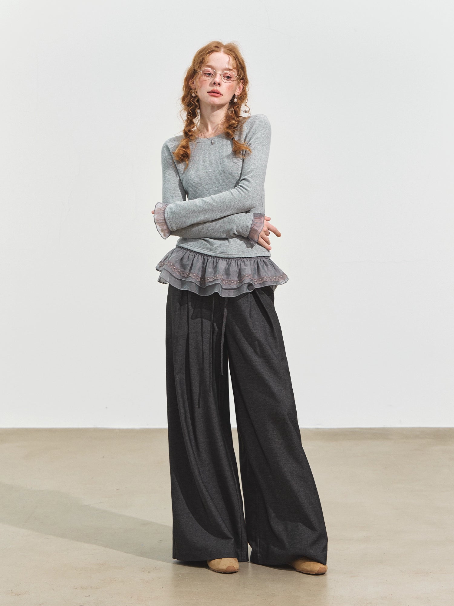 Double-layer Ruffle Raglan Fleece Top