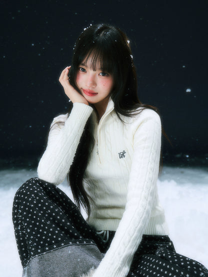 Apricot Cable Half-zip Knit Sweater