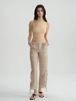 Metal Ring Halter Mesh Pleated Blouse