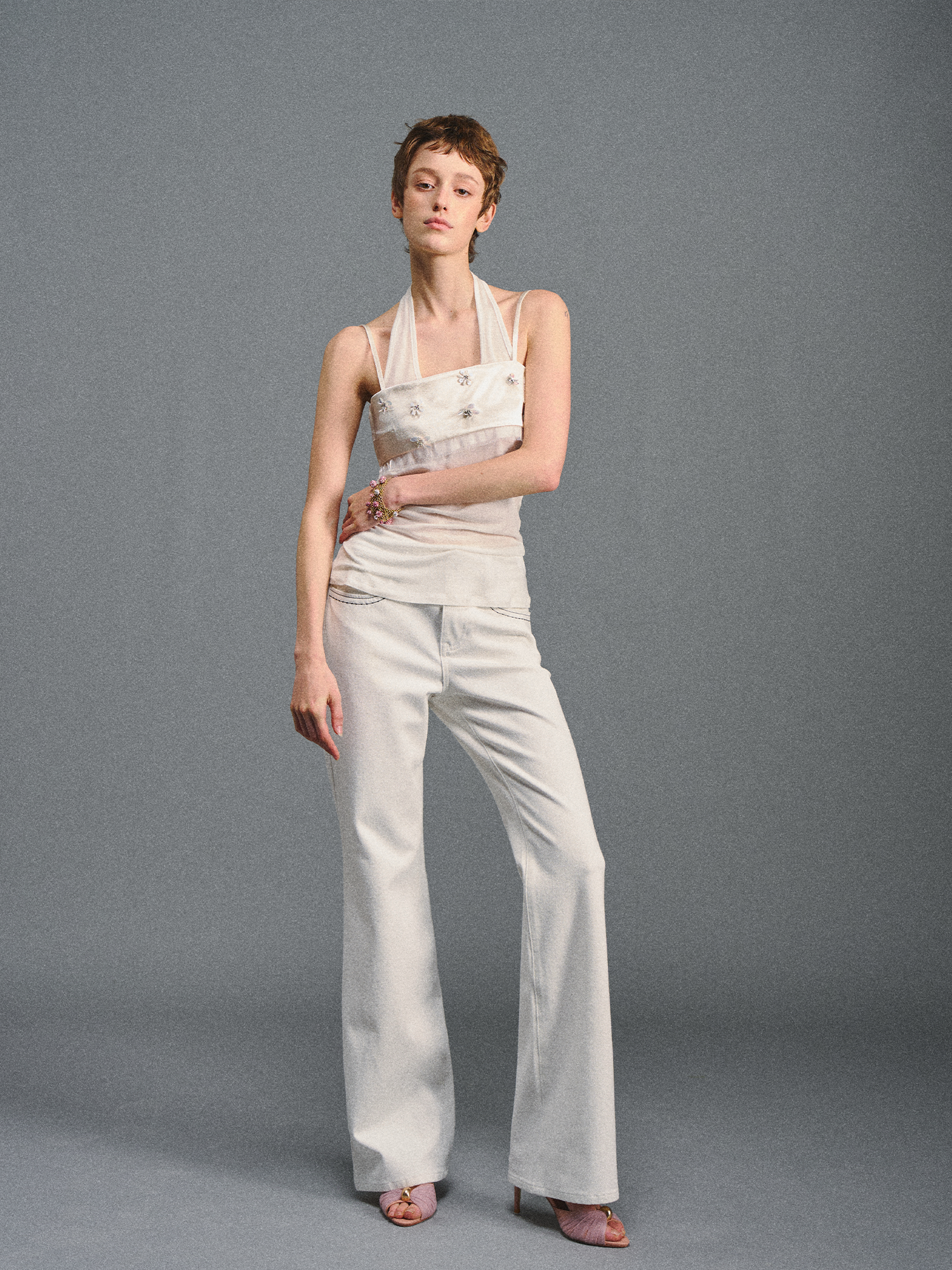 White Low-Rise Flared Pants
