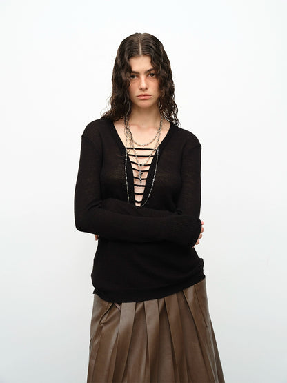 Black &amp; Green Wool Handmade Drawstring Knit Pullover Sweater