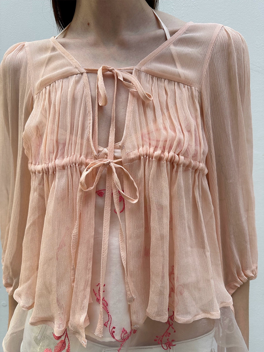 Light Pink Pleated Rayon Tie Cardigan