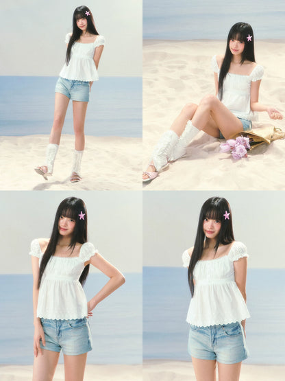 Lace Jacquard Puff Sleeve Top