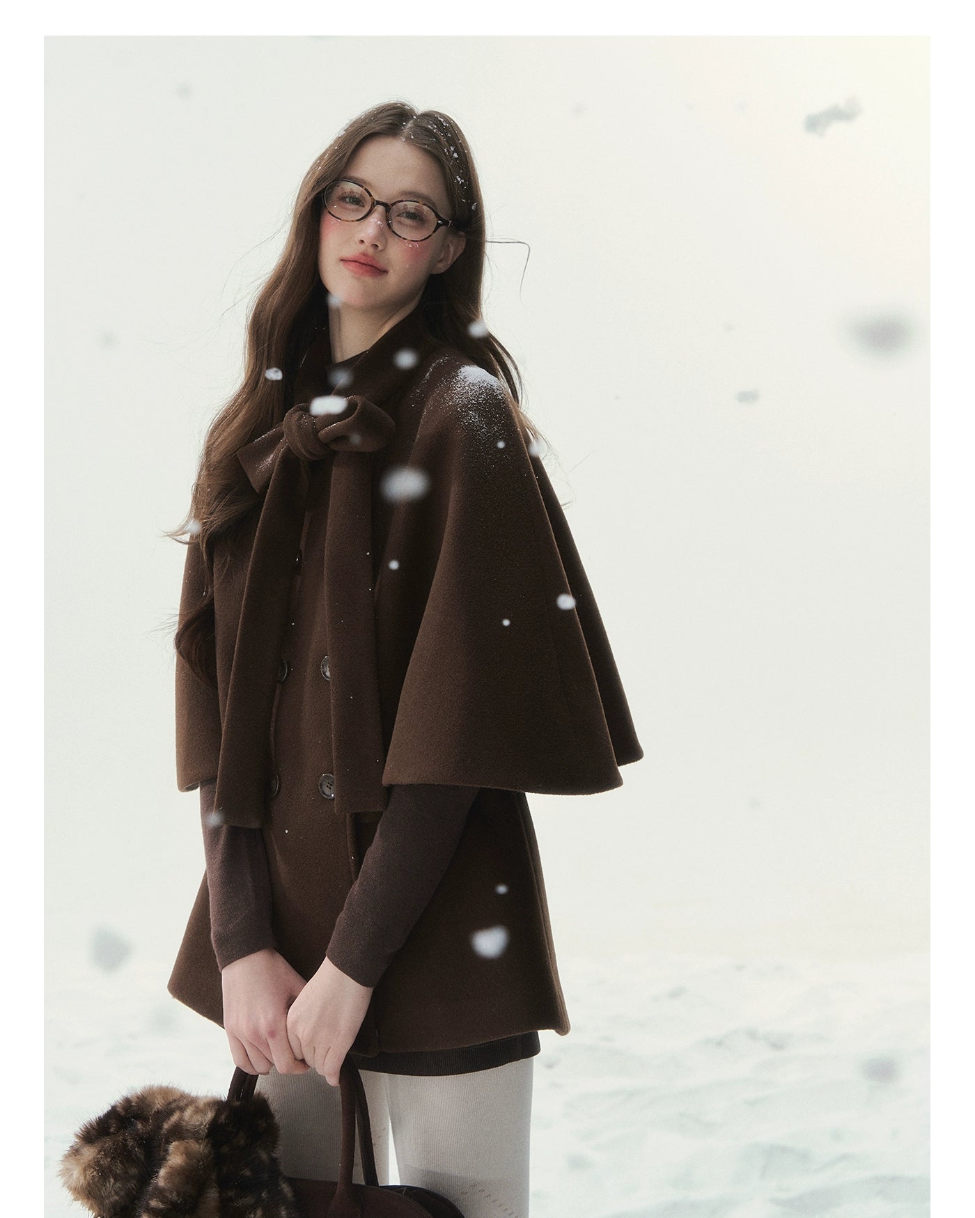 Brown Bow-Tie Double-Breasted Cape Coat