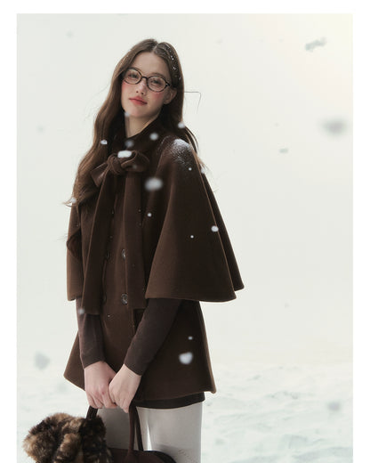 Brown Bow-Tie Double-Breasted Cape Coat