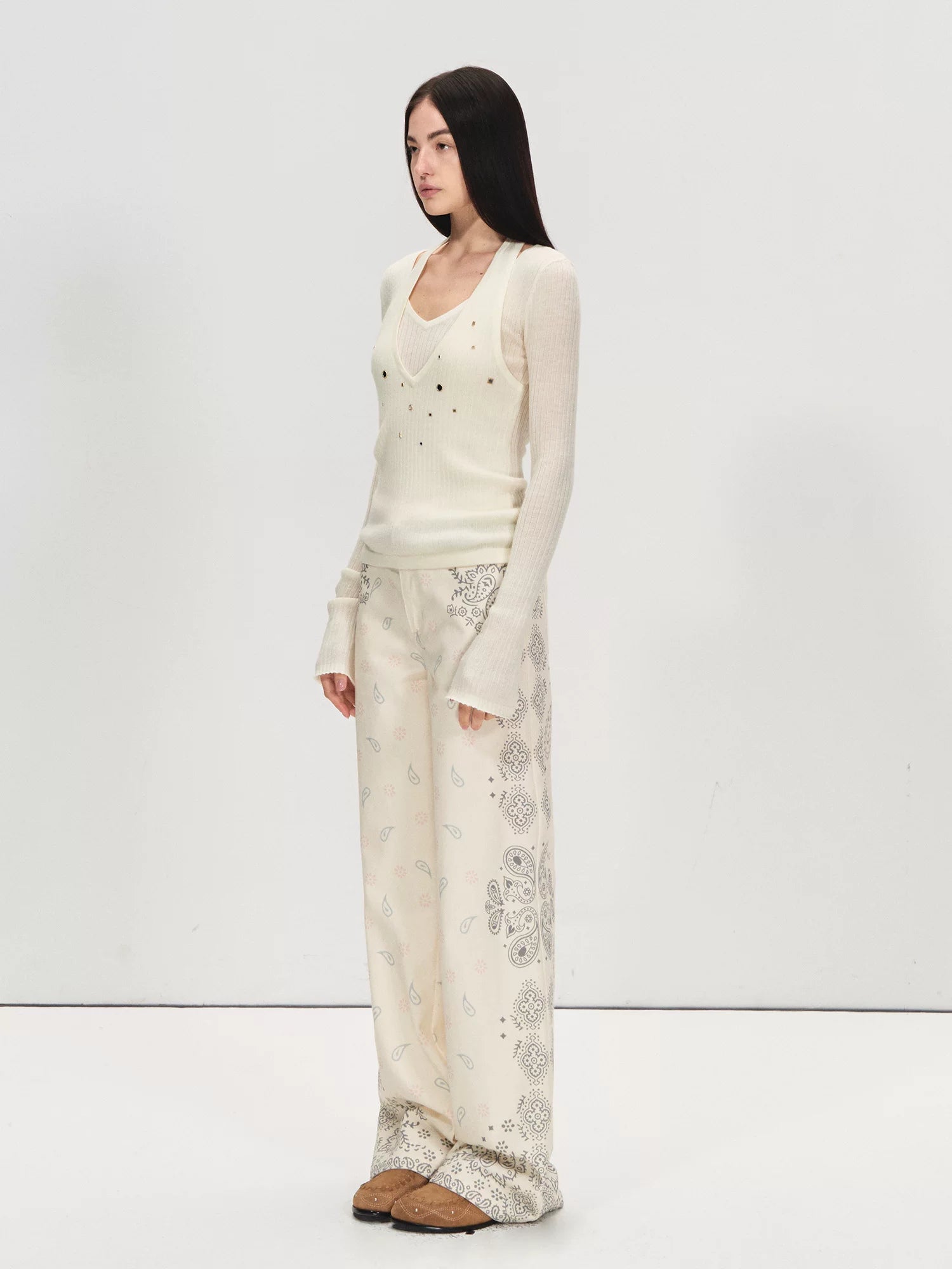 Belted Paisley Wide-Leg Pants