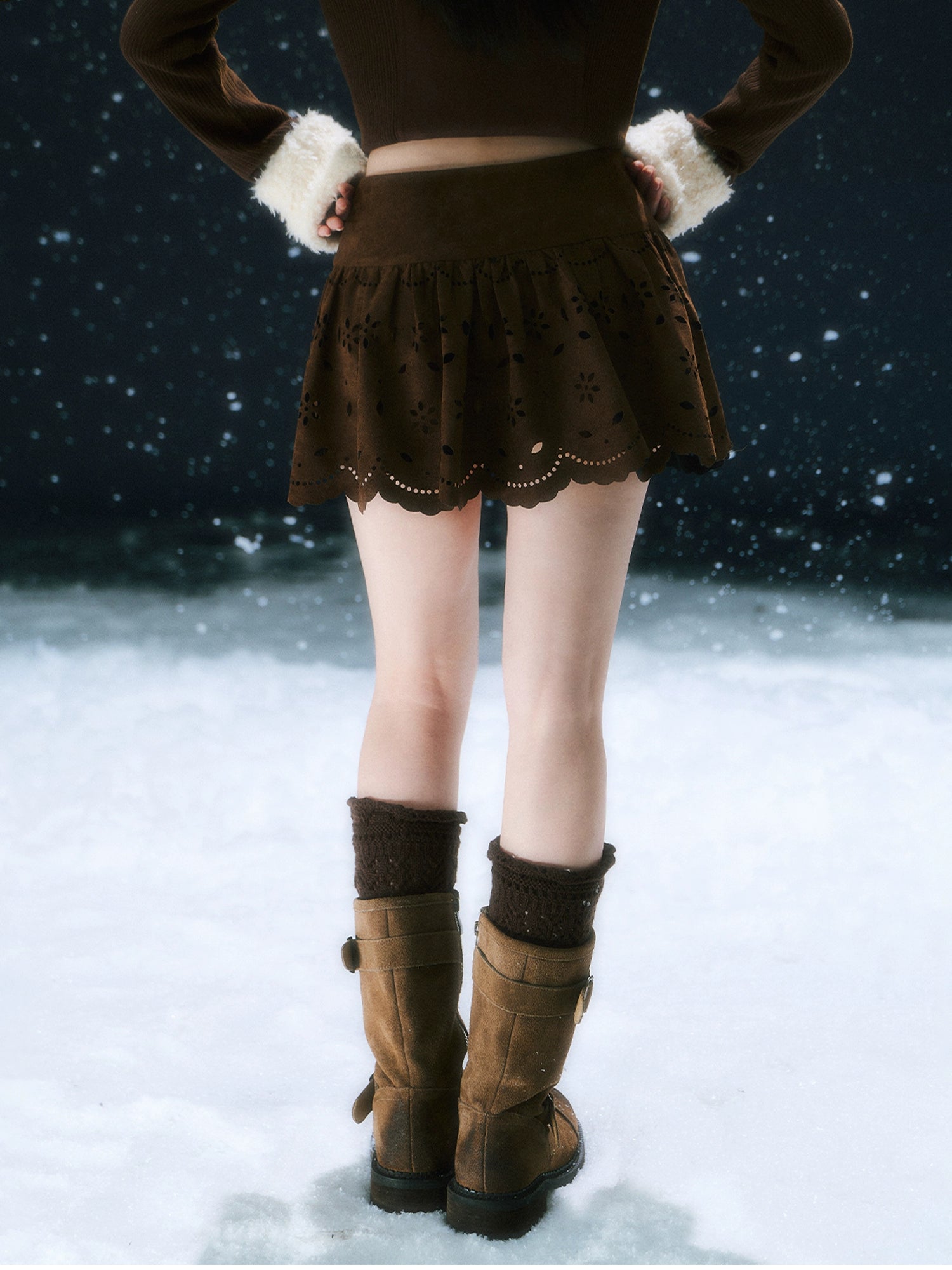 Brown Hollow Jacquard Mini Skirt