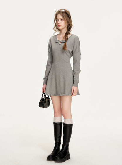 Gray Bowknot Knit Mini Dress