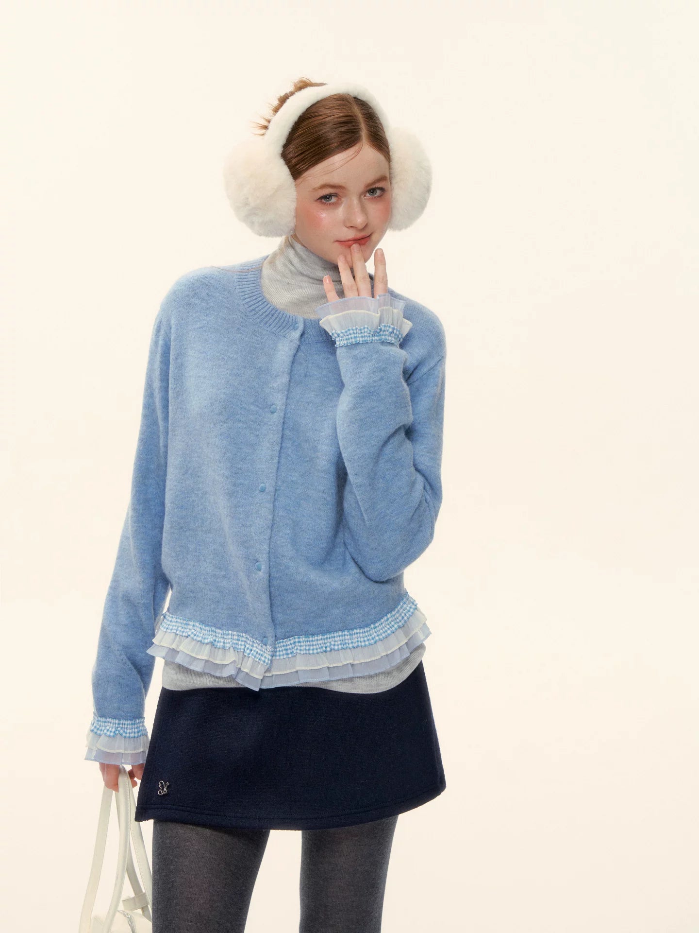Plaid Lace Trim Knit Cardigan