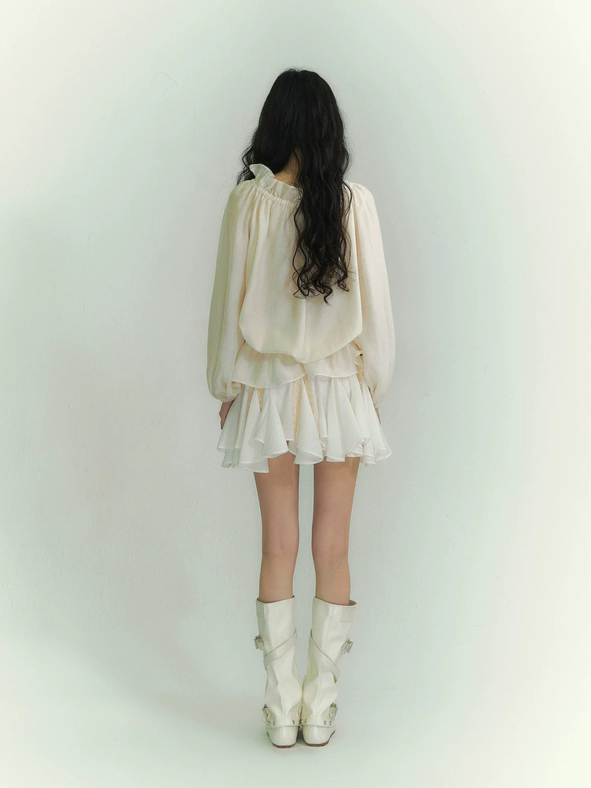 Off-Shoulder Tie Lantern Sleeve Shirt