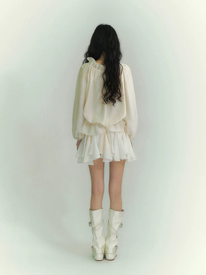 Off-Shoulder Tie Lantern Sleeve Shirt