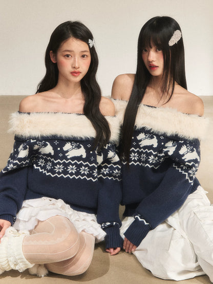 Navy Blue Fair Isle Off-Shoulder Knit Top