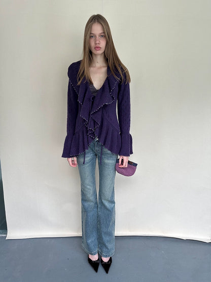 Two-Tone Openwork Ruffle Longline Cardigan