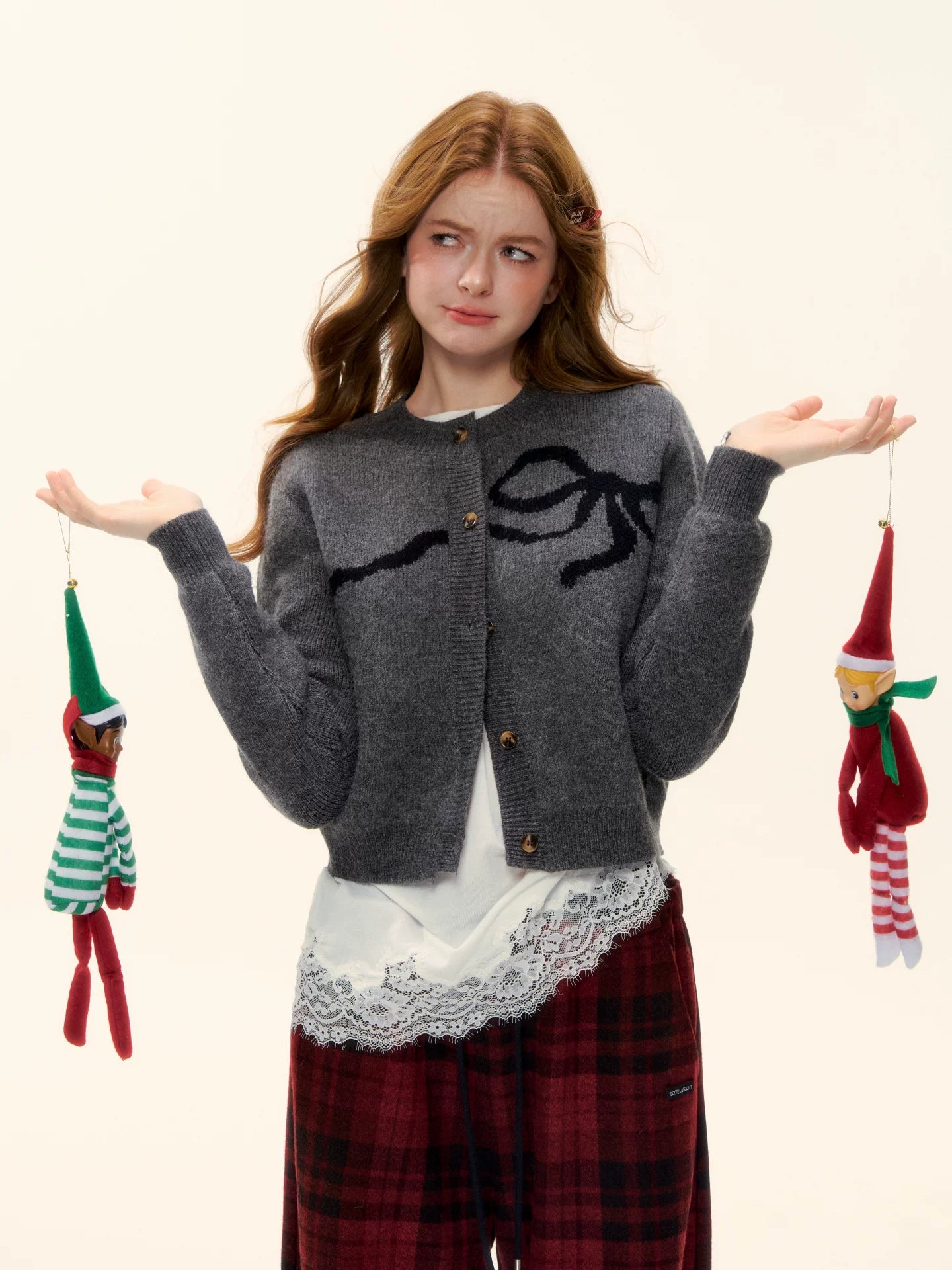 Bow Jacquard Crewneck Knit Cardigan