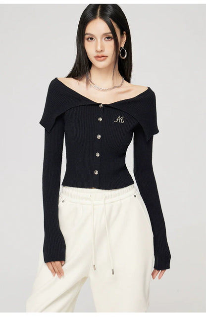 Black &amp; Off-white Turn-down Collar Sweater