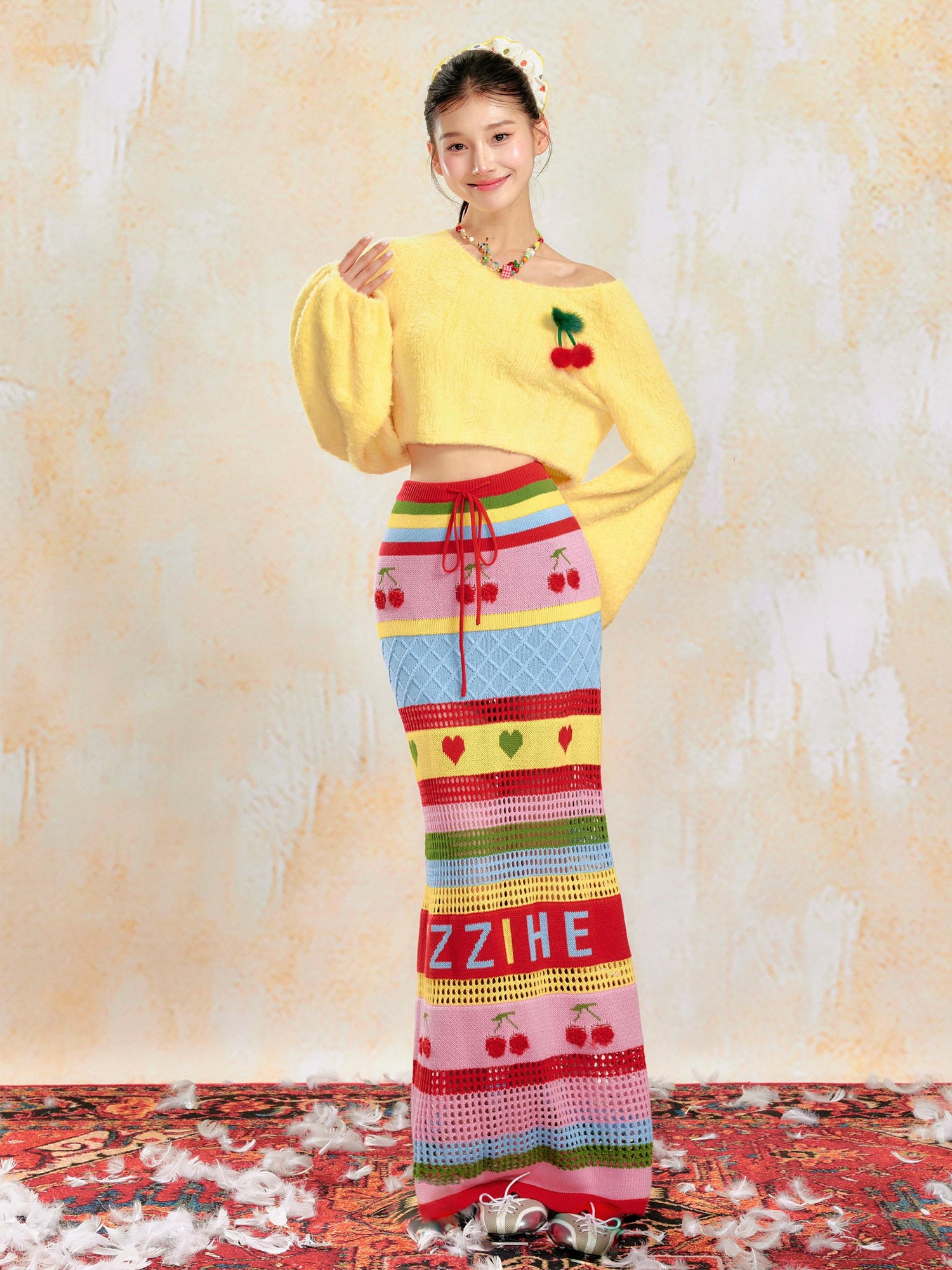 Soft Yellow Off-Shoulder Knit Sweater &amp; Skirt Set