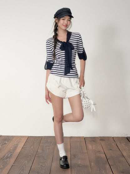 Striped Ribbon Cuffed T-shirt