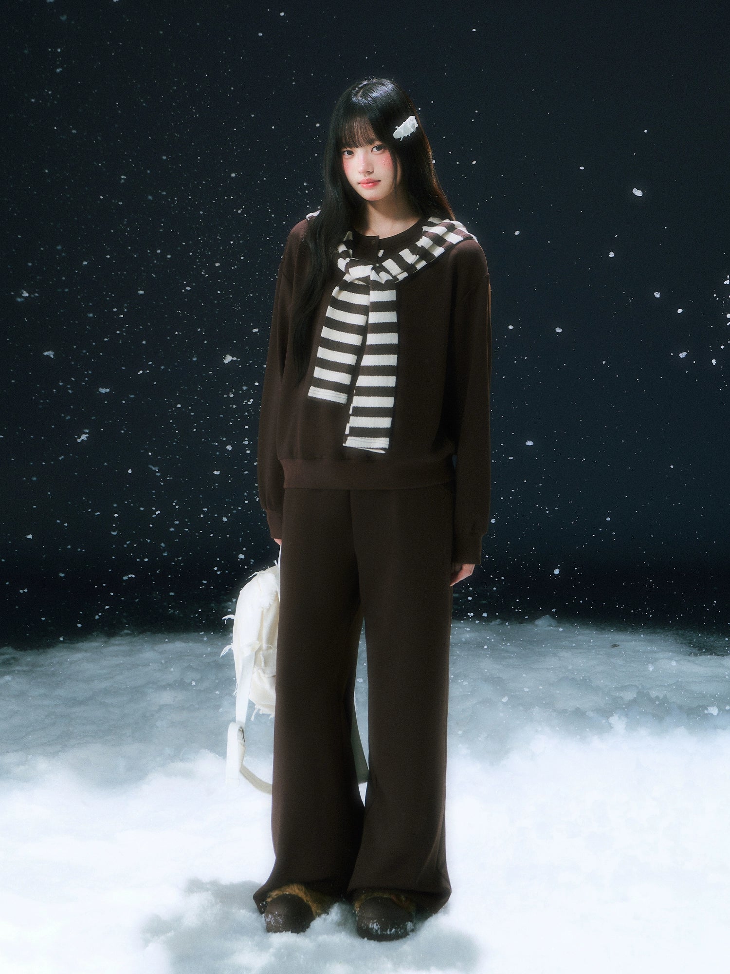 Brown Stripe Hooded Faux Two-piece Sweatshirt