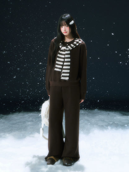 Brown Stripe Hooded Faux Two-piece Sweatshirt