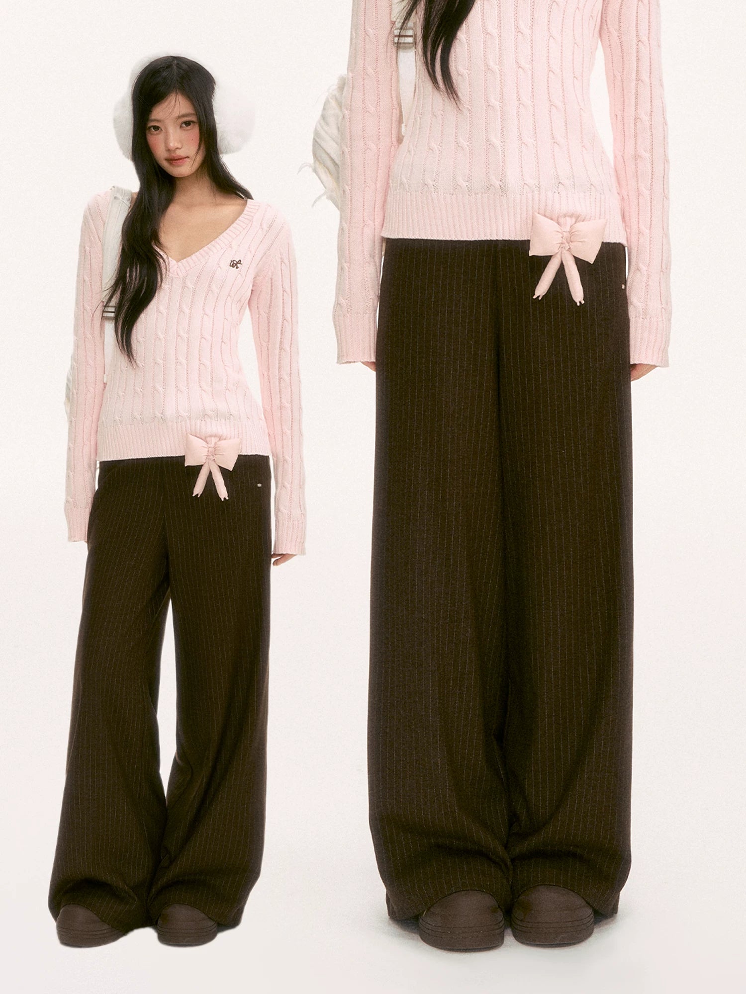 Brown Double-Waist Stripe Wide-Leg Pants