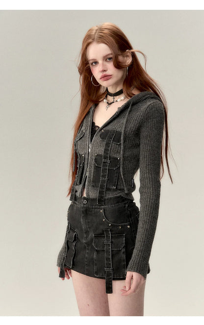 Coffee &amp; Gray Patchwork Drawstring Cardigan