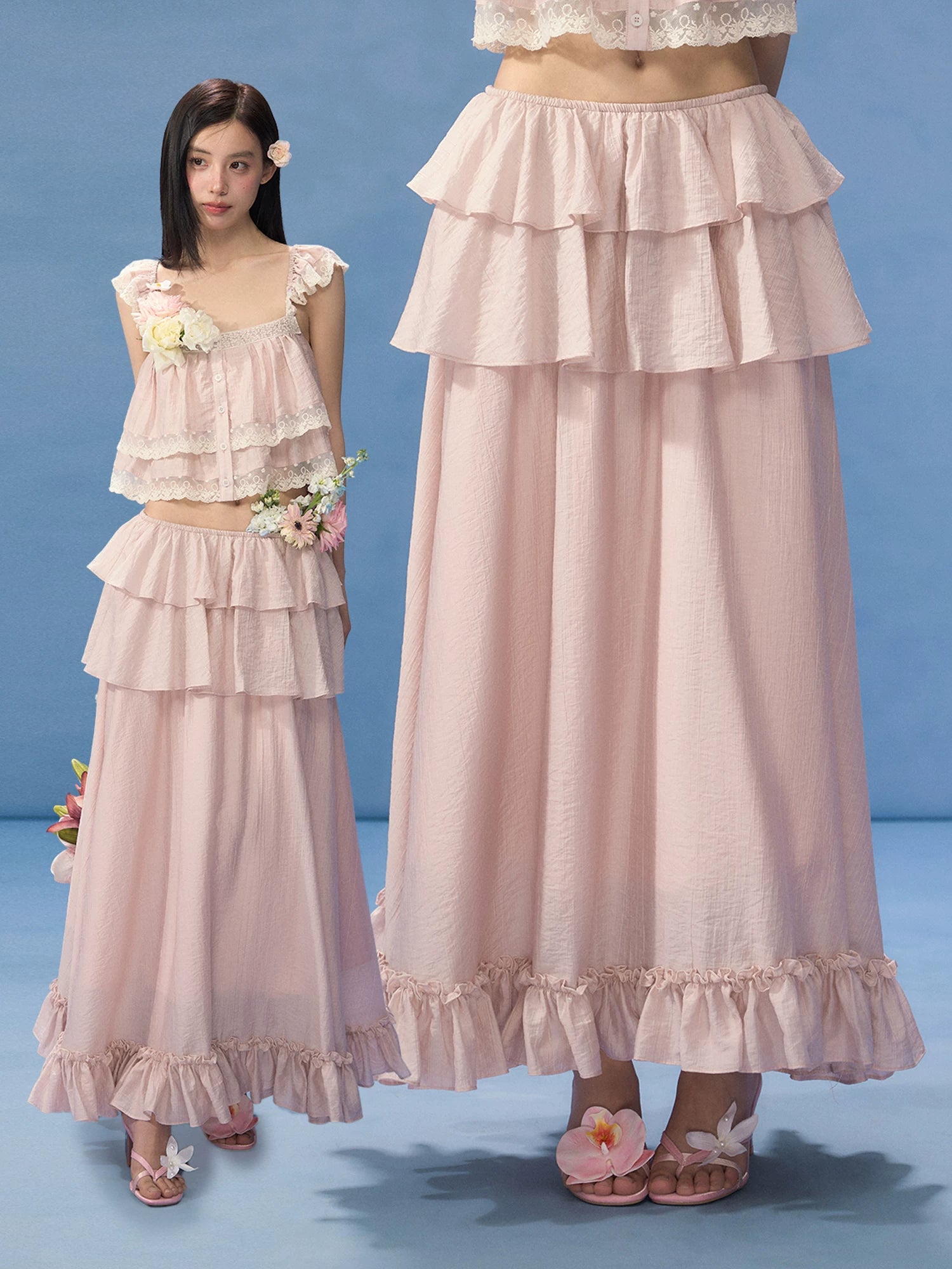 Pink Tiered Ruffle Maxi Skirt
