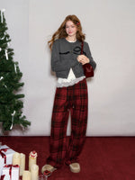 Bow Jacquard Crewneck Knit Cardigan