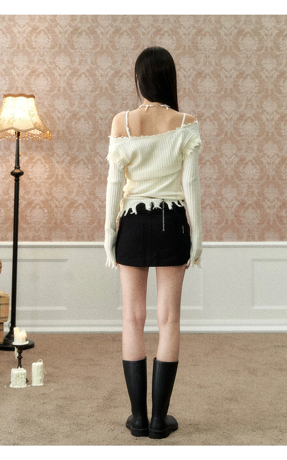 Khaki &amp; Off-white Frayed Edge Sweater