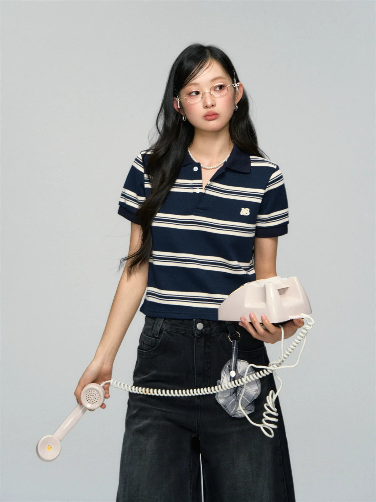Polo-Collar Striped Color-Blocking T-shirt