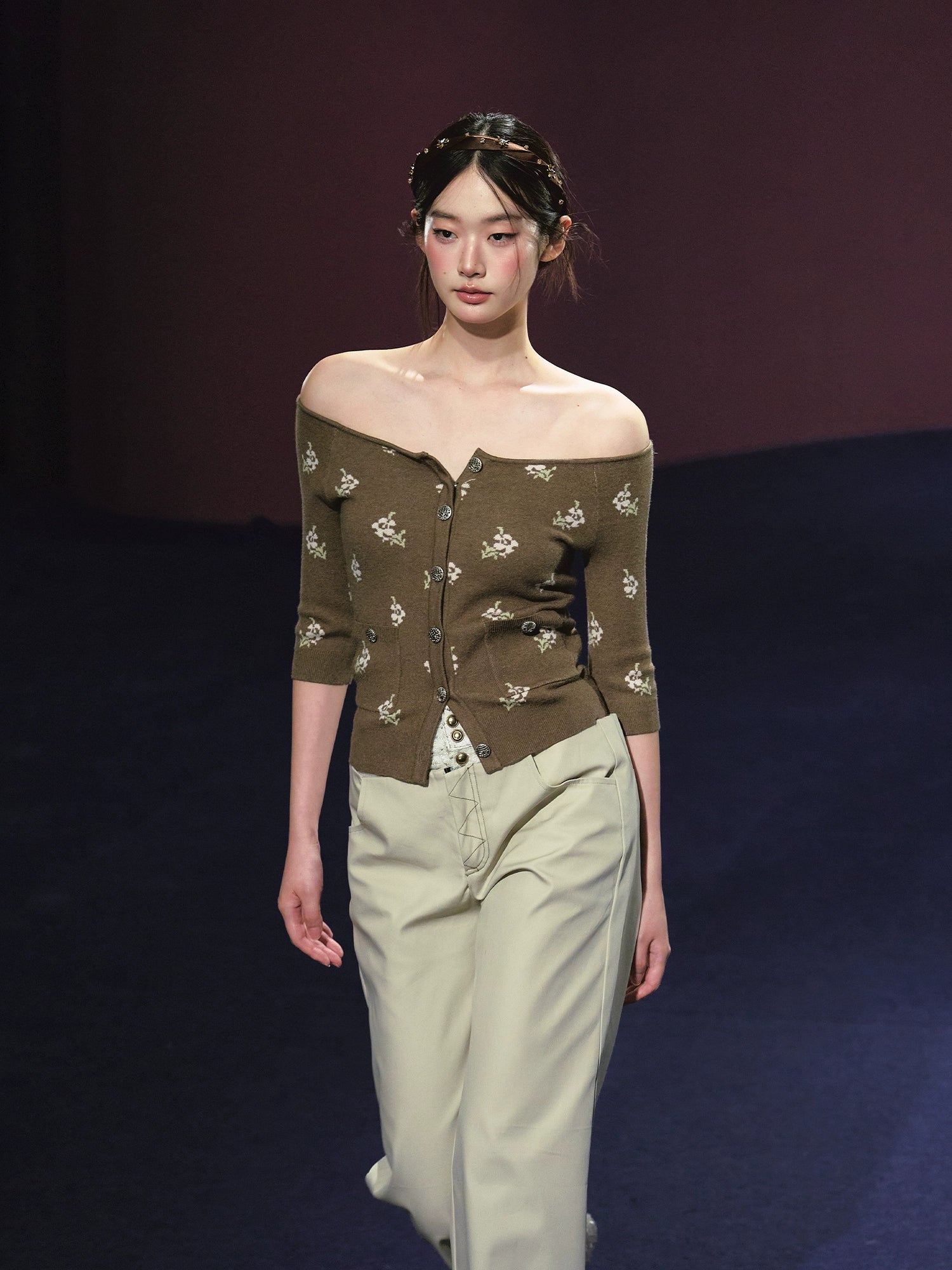 Floral Pattern Off-shoulder Mosaic Knit Cardigan