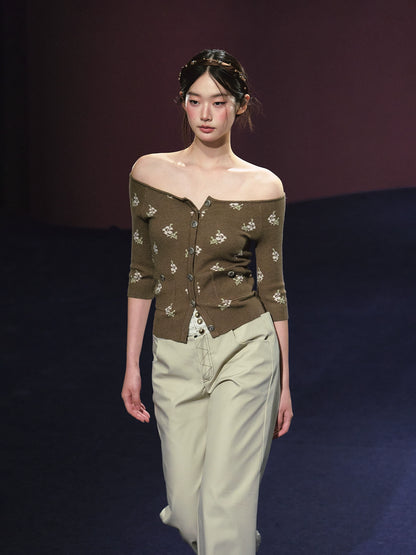 Floral Pattern Off-shoulder Mosaic Knit Cardigan