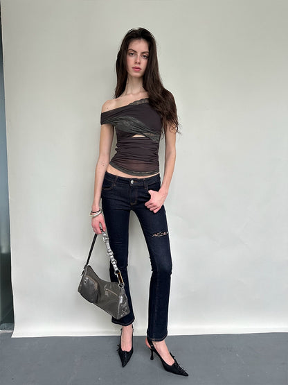 Two-Tone Mesh Lace Cross-Front Blouse