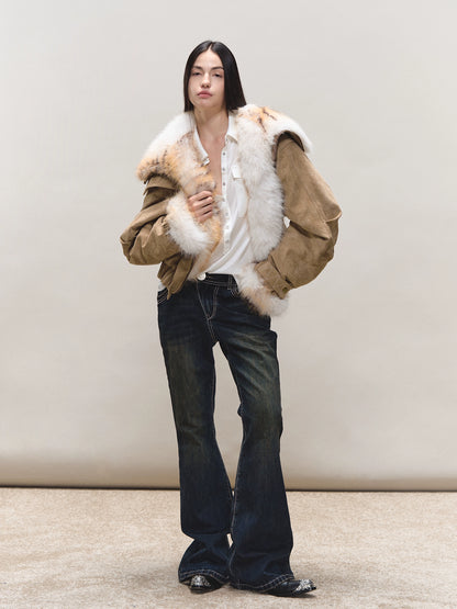 Faux-Suede Fur-Collar Quilted Parka