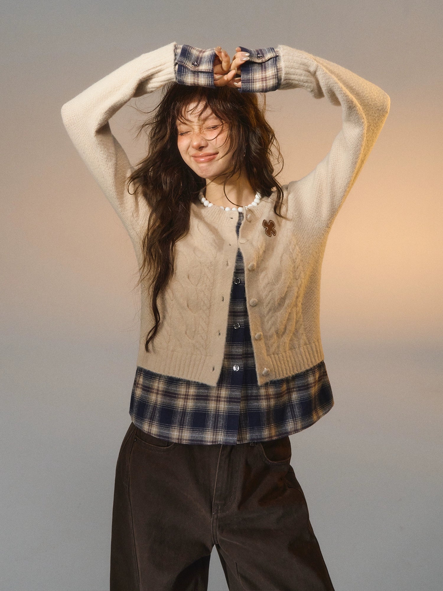 Plaid Layered Cable Cardigan