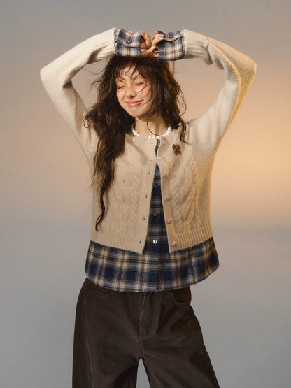 Plaid Layered Cable Cardigan
