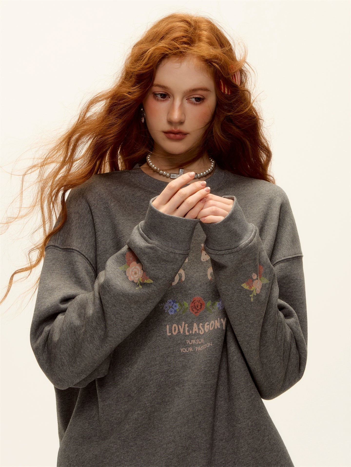 Floral Pony Print Fleece-Lined Pullover Sweatshirt