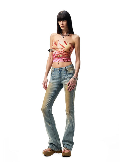 Washed Skinny Low-Rise Denim Flared Pants