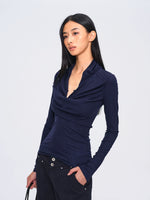 Deep-Blue V-Neck Structured Knit Top