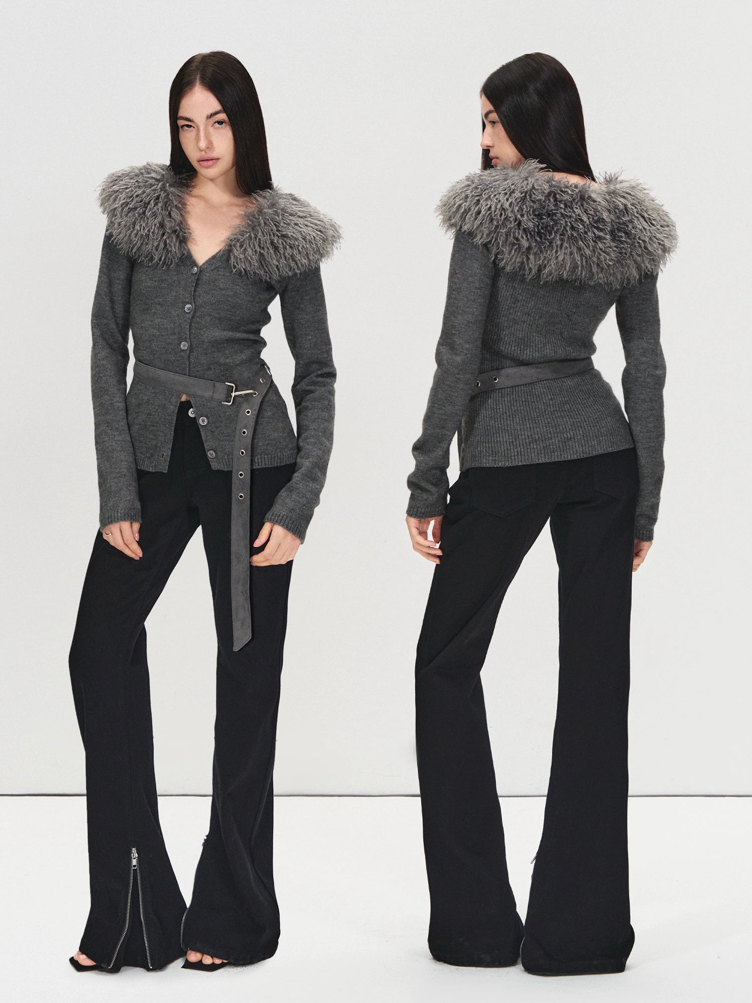 Detachable Fur Collar Suede Belted Cardigan