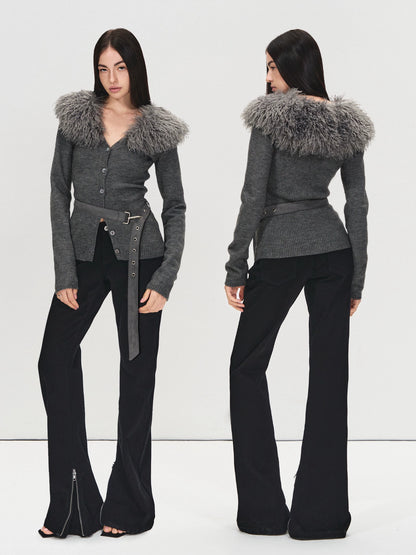 Detachable Fur Collar Suede Belted Cardigan