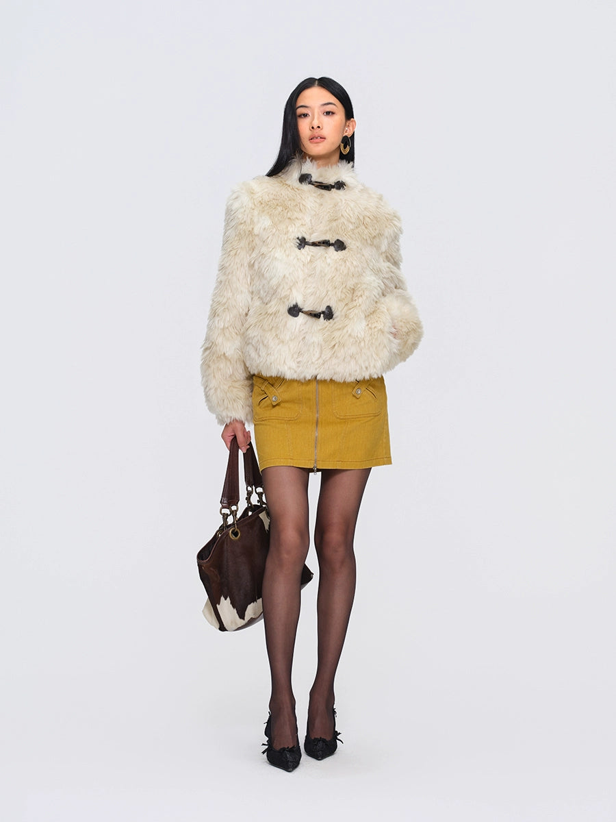 Faux-Fur Stand-Collar Toggle Cropped Jacket