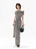 Gray Off-Shoulder Drape Dress