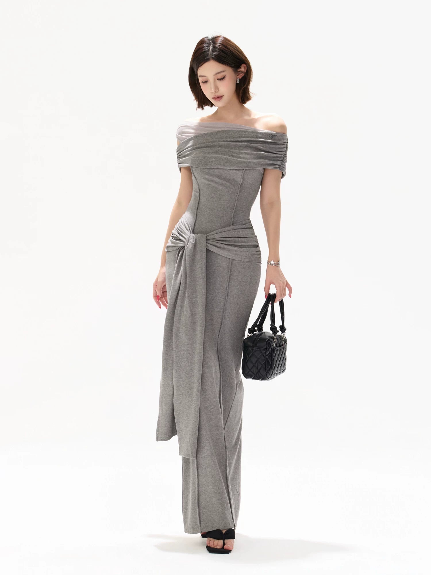 Gray Off-Shoulder Drape Dress