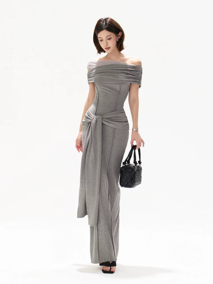 Gray Off-Shoulder Drape Dress