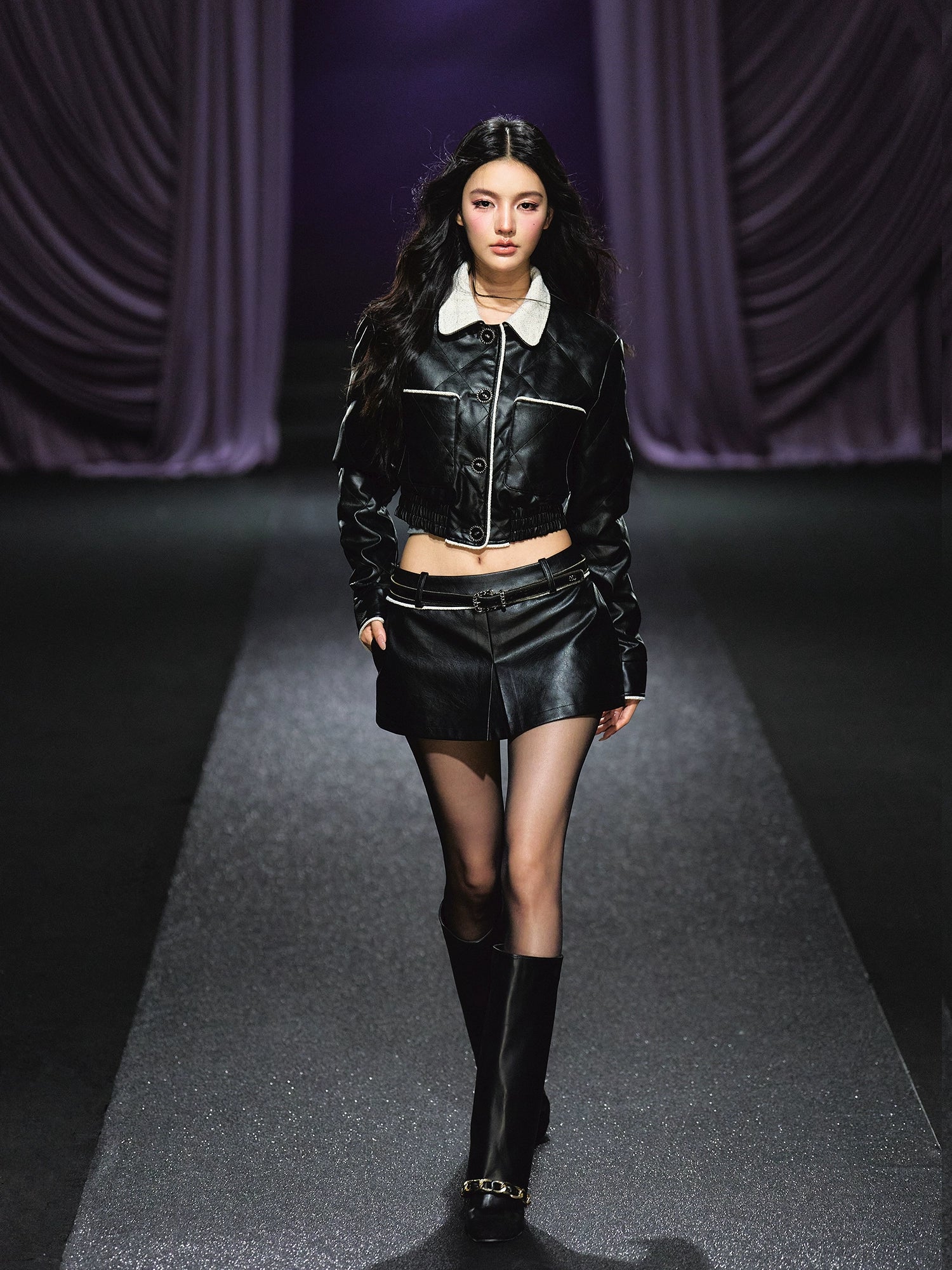 Contrast Trim Quilted Leather Jacket &amp; Skirt Set